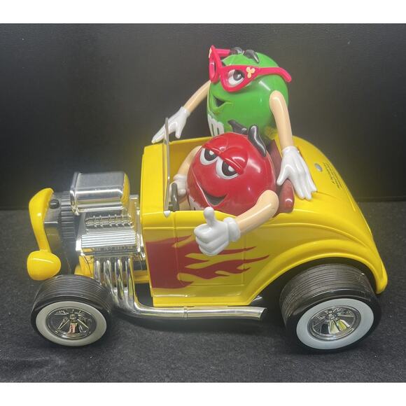 M&Ms Yellow Hot Rod Roadster Candy Dispenser w/Red and Green M&M Characters - Picture 1 of 6
